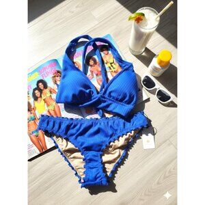 Shade & Shore Blue Bikini Set – Size M – Ruched Bottom, Ruffle Trim, NWT